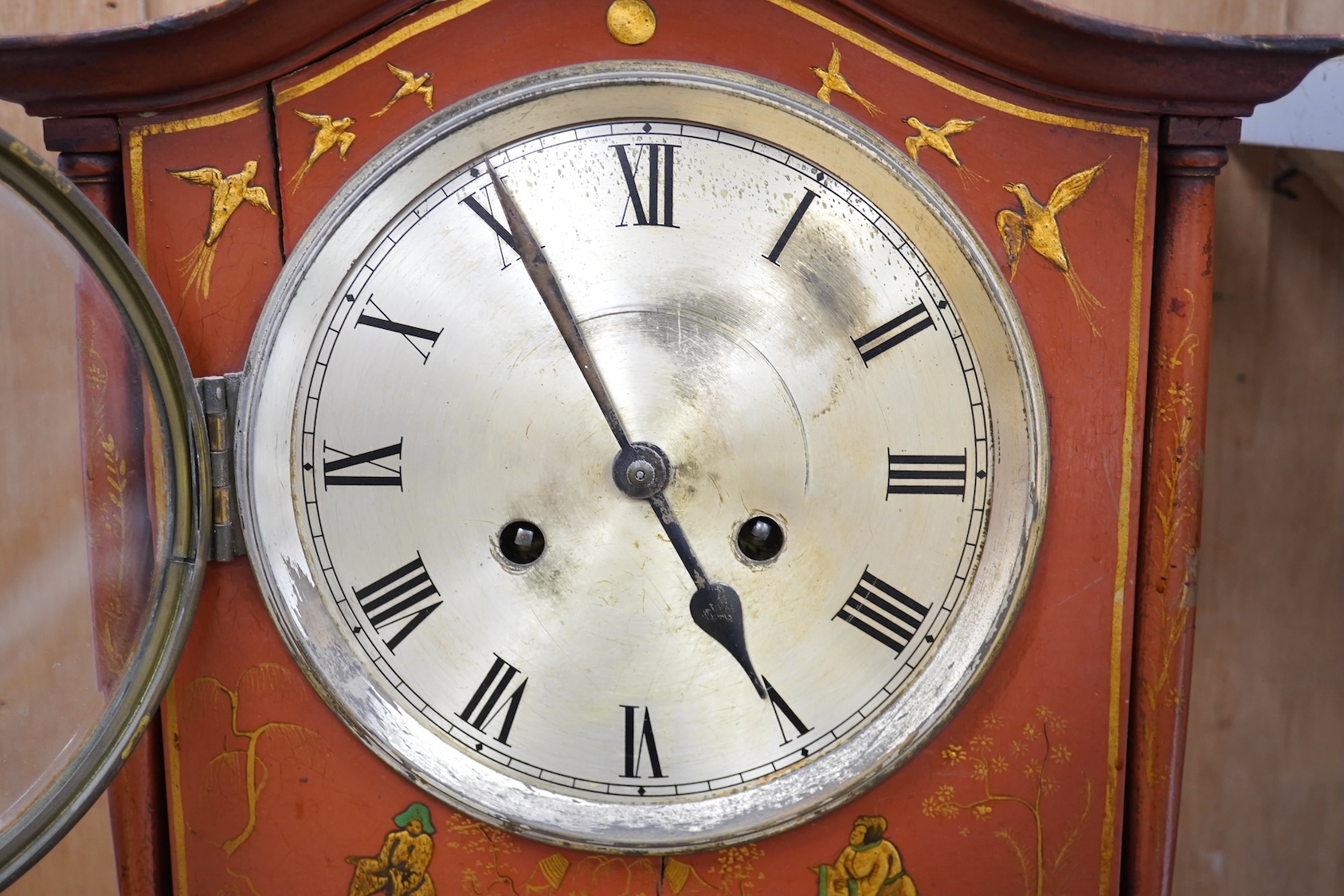 A 1930's Japanned grandmother clock with Roman numeral dial. Condition - poor, cracked and chipped